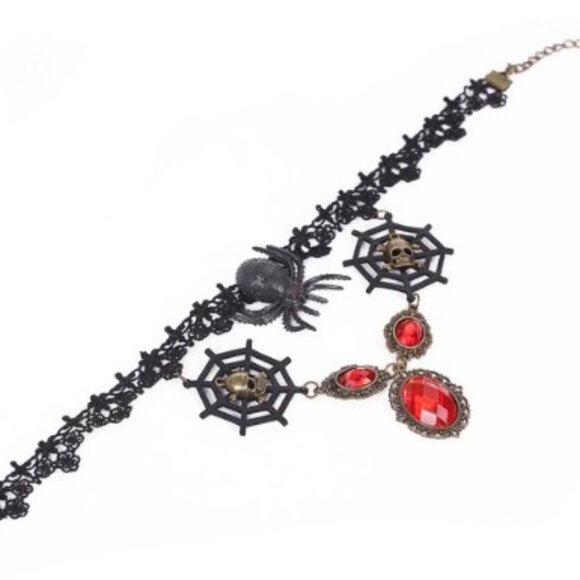 GOTHIC SPIDER HALLOWEEN RHINESTONE LACE CHOKER NECKLACE - Picture 3 of 5